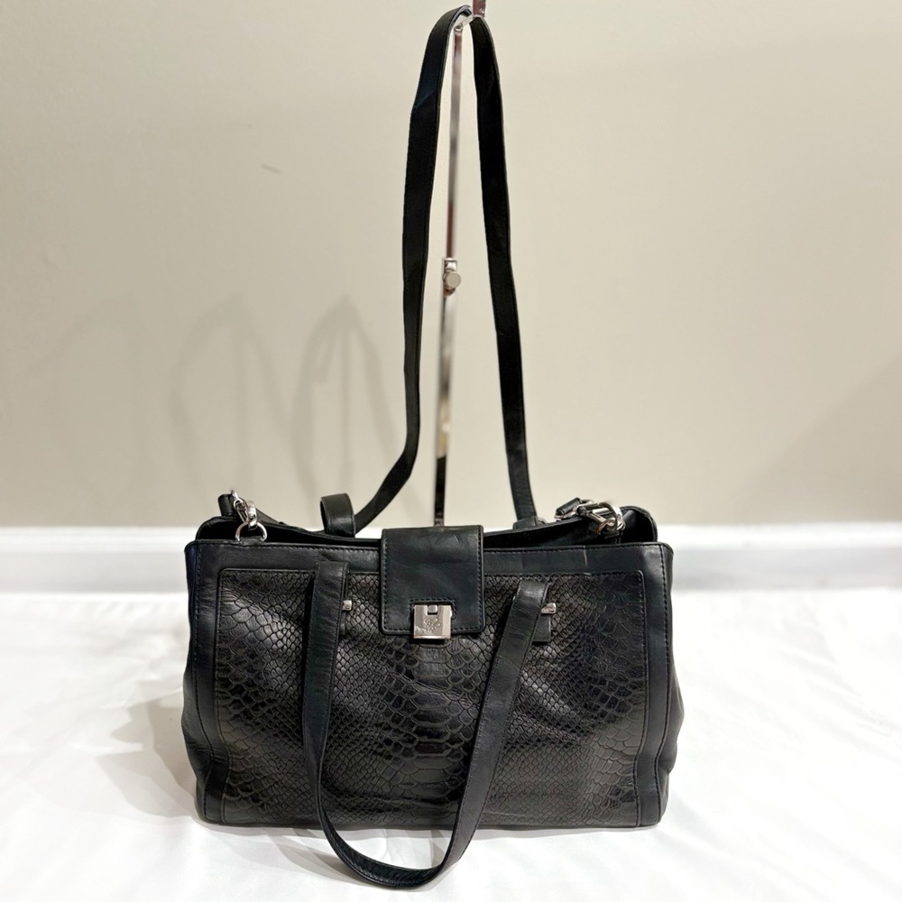 Brooks Brothers Black Leather 2-Way Tote Shoulder Bag Snake Embossed Medium Y2K